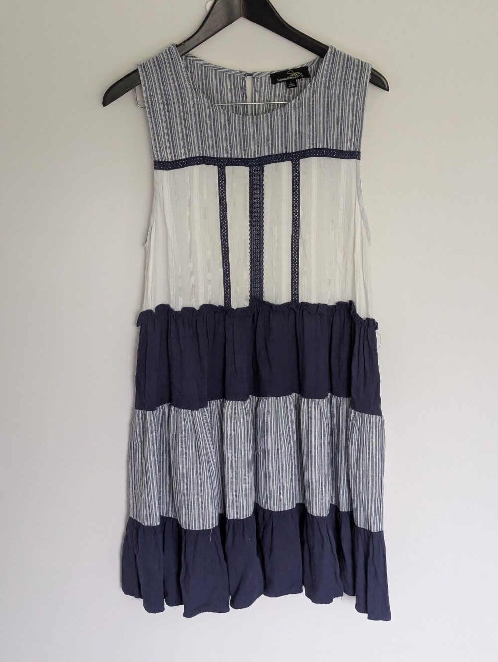 Suzanne Betro Navy and White Striped Tiered Mini Dress